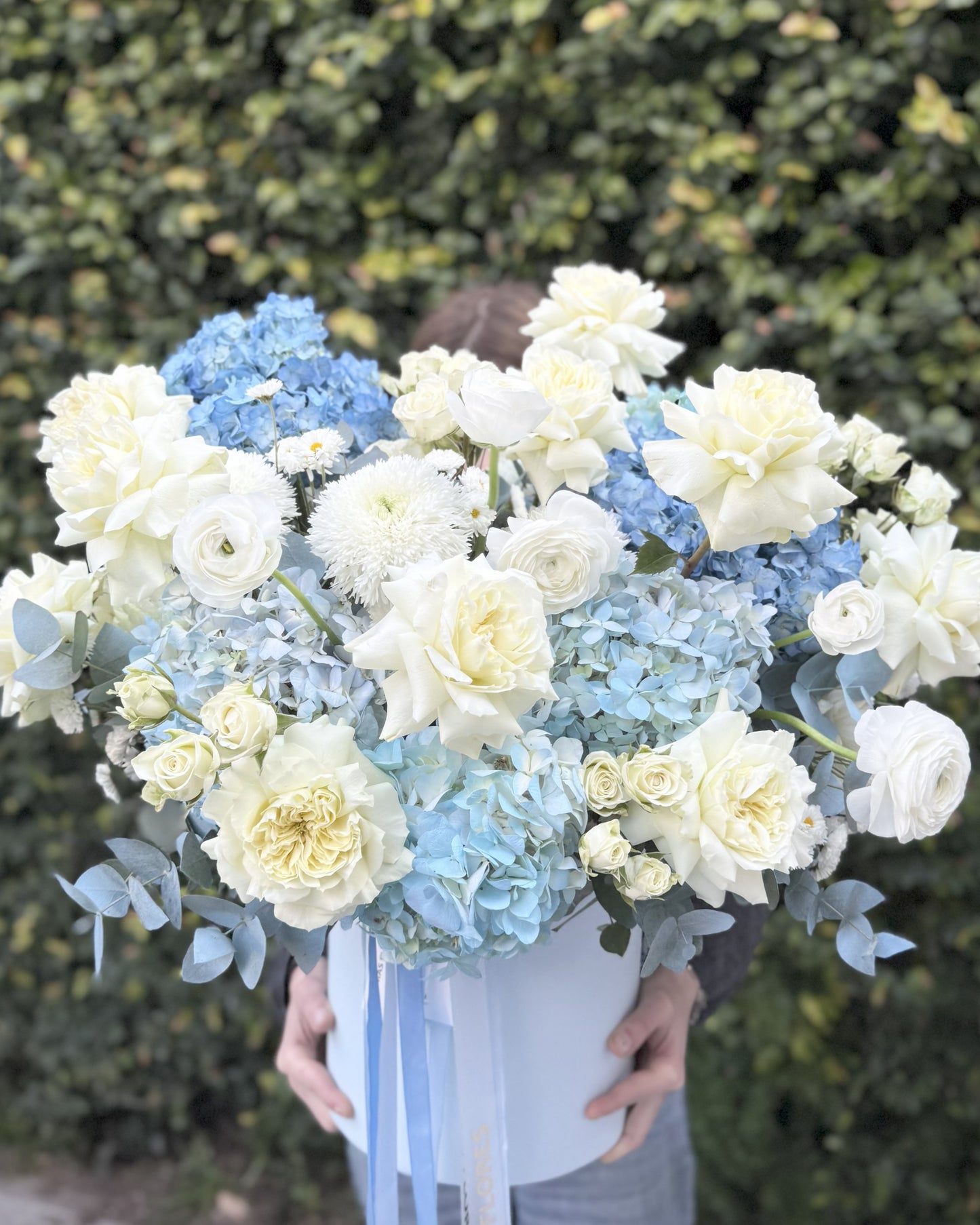 Bouquet of white and blue flowers held by a person against a green bush background