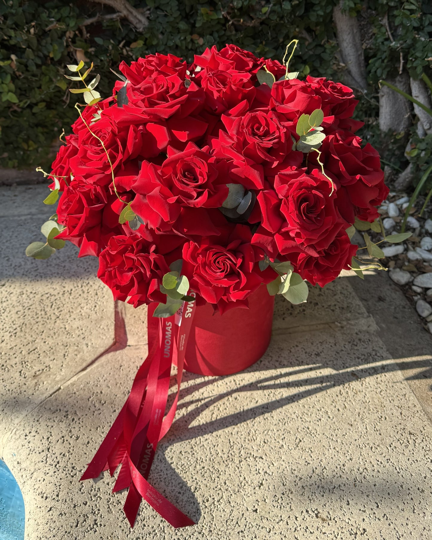 Bouquet of red roses in a red box with a red ribbon on a stone surface.