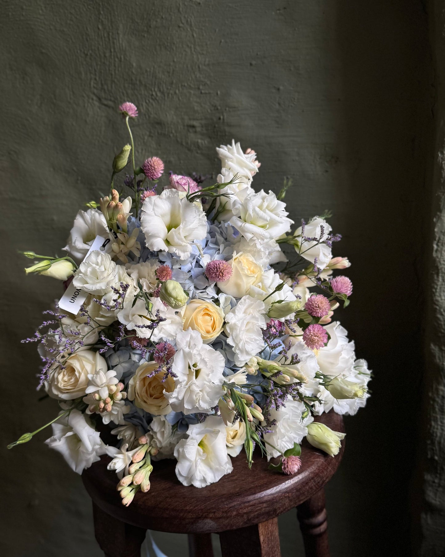 Hand-tied delicate white & blue mixed flower bouquet with hydrangeas