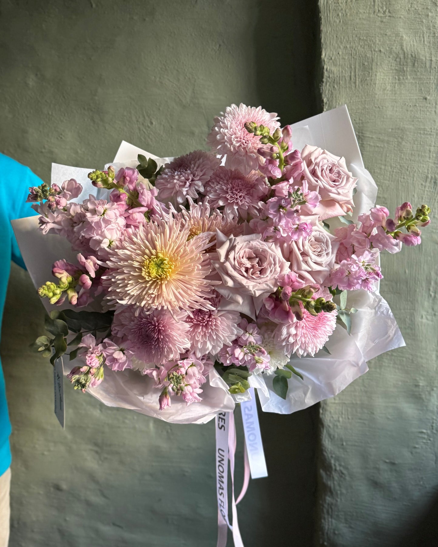 Bouquet mixed flower pastel pink gift wrapped