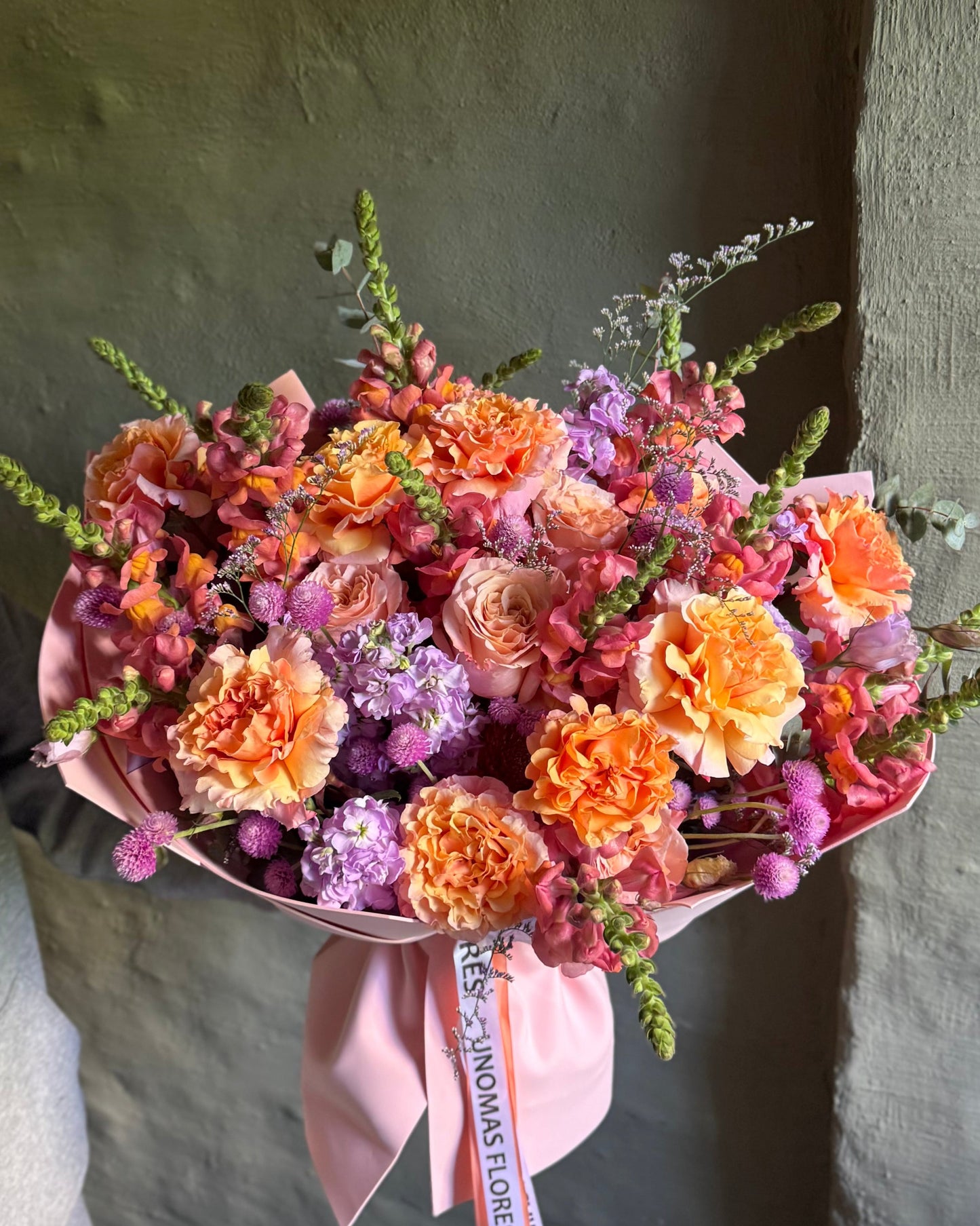 Bouquet mixed flower bright orange & pink with Ecuador roses & matthiolla gift wrapped
