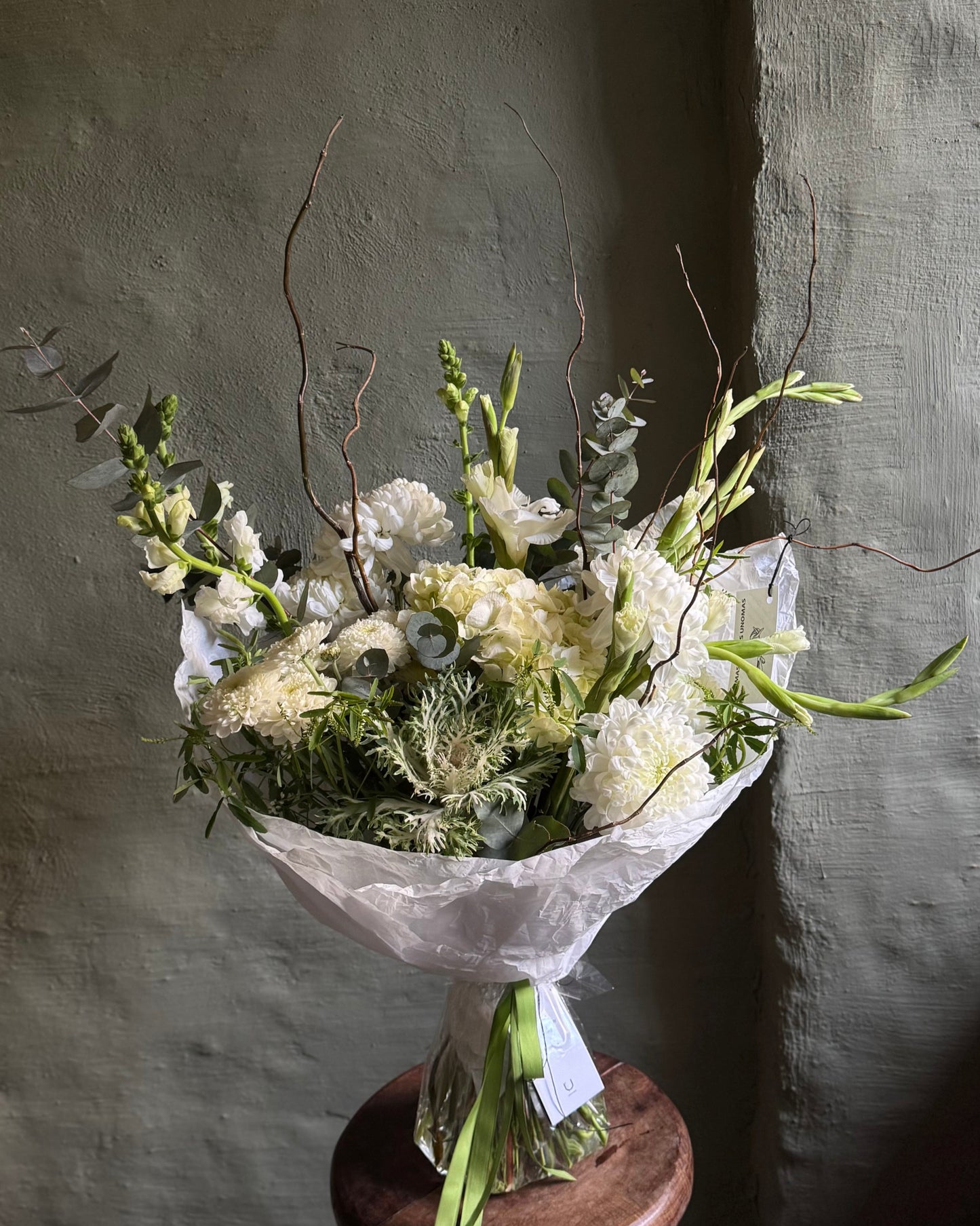 Hand-tied white & green bouquet with brassica & hydrangea