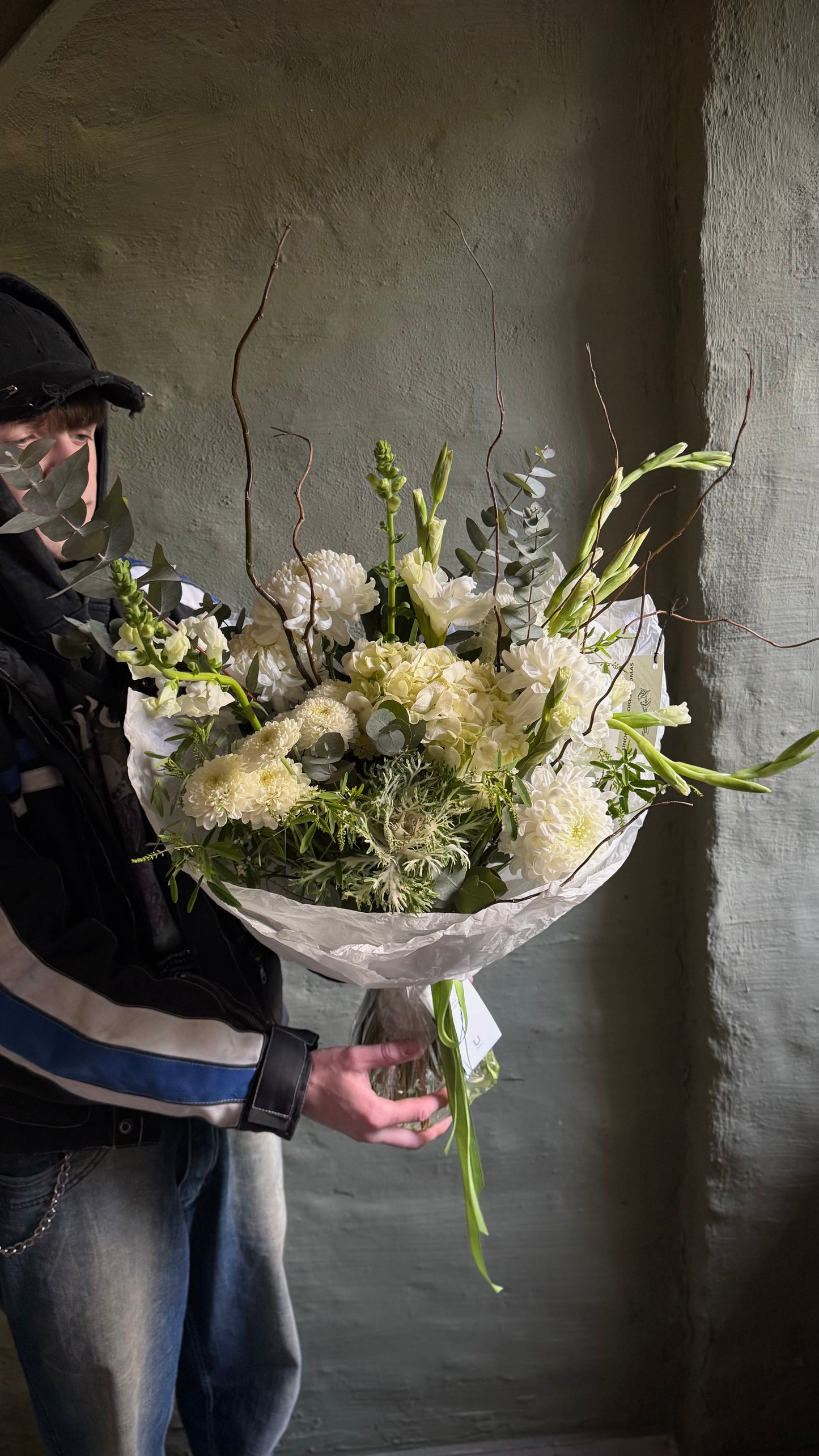 Hand-tied white & green bouquet with brassica & hydrangea