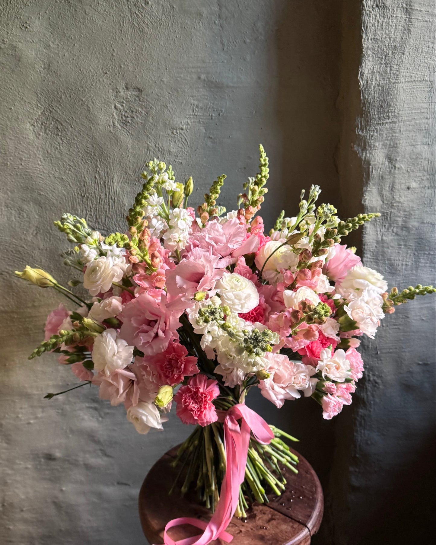 Hand-tied pink & white gentle bouquet with ranunculus
