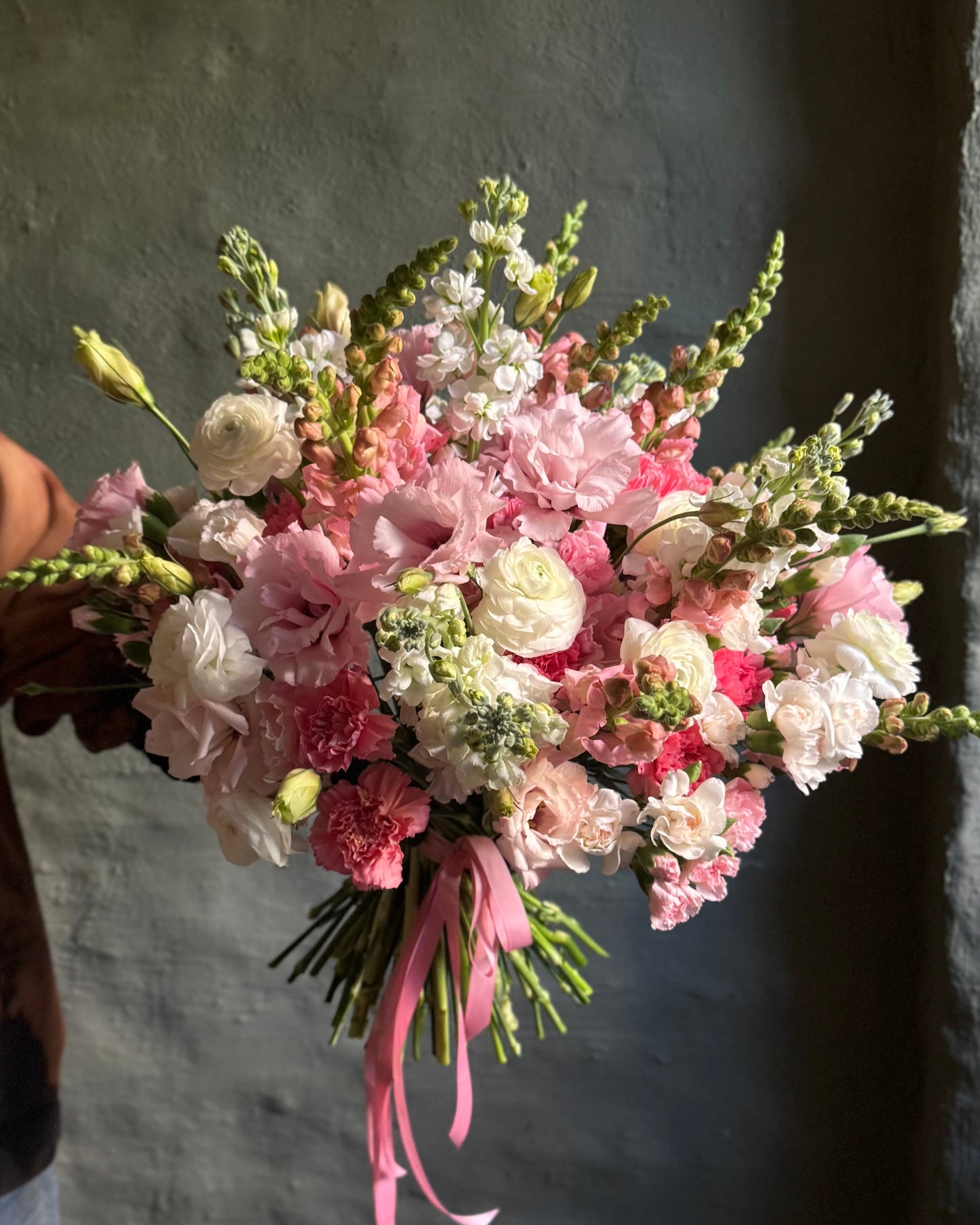 Hand-tied pink & white gentle bouquet with ranunculus