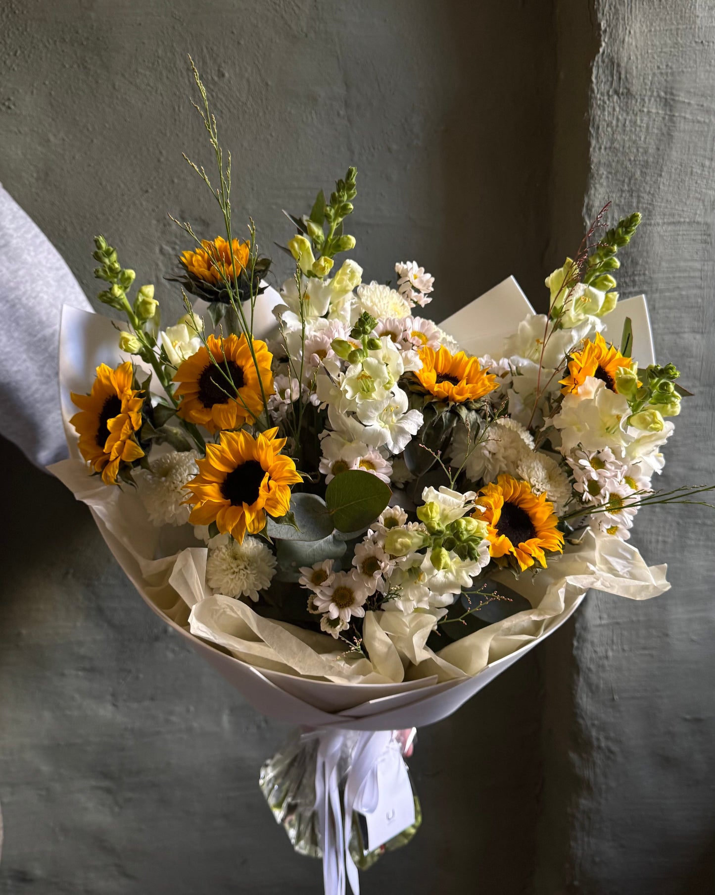 Bouquet mixed flower summer gentle with sunflowers gift wrapped