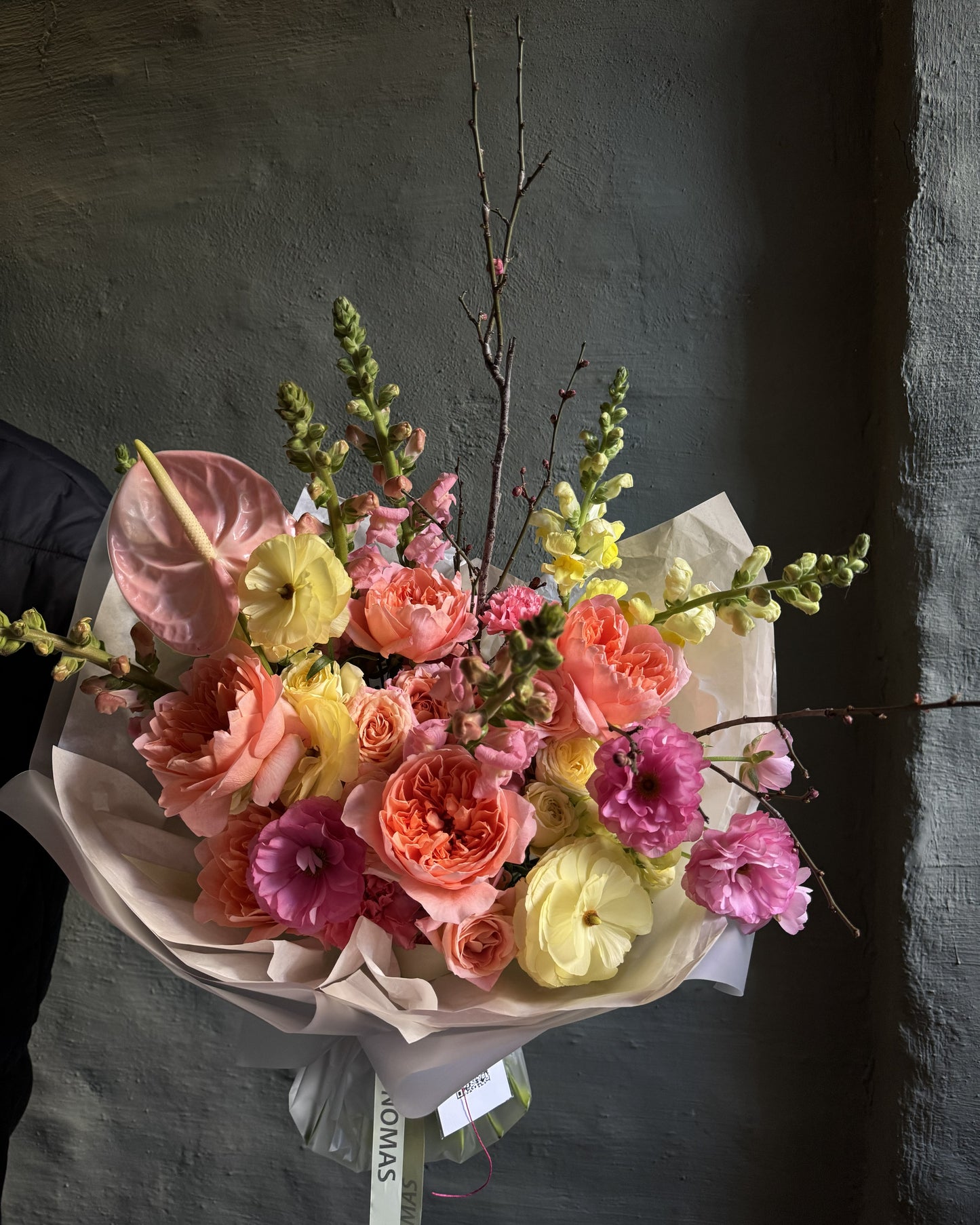 Mixed Flower Bouquet: bright with anthurium & Ecuadorian roses gift wrapped