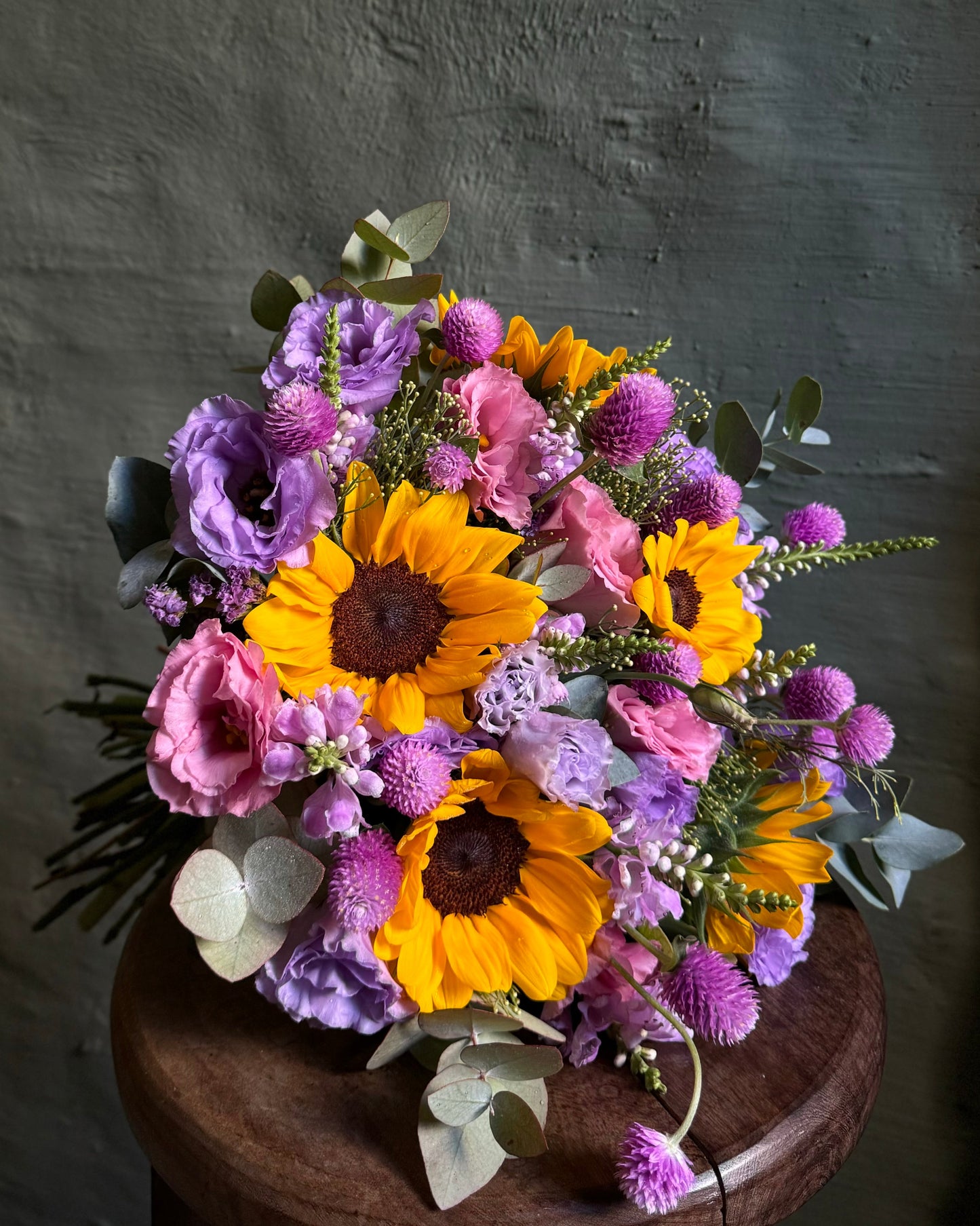 Hand-tied summer mixed flower bouquet with sunflowers