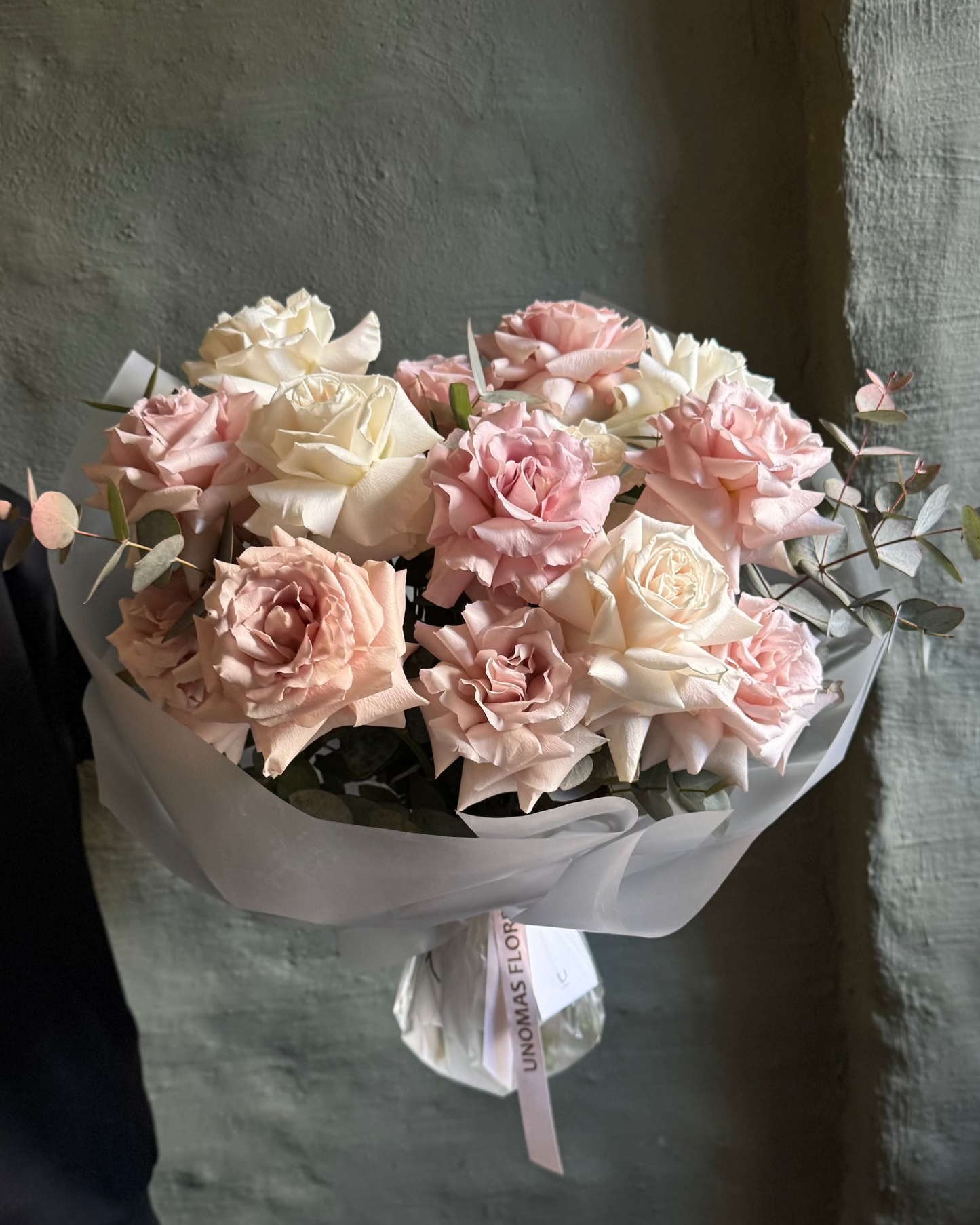 Bouquet with Ecuador roses Quicksand & Playa Blanca with eucalyptus gift wrapped
