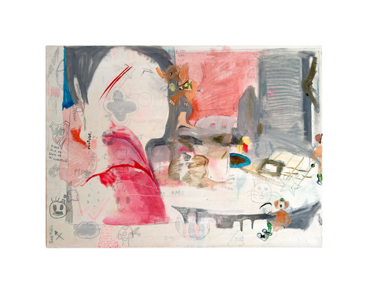 Abstract artwork with colorful shapes and patterns on a white background