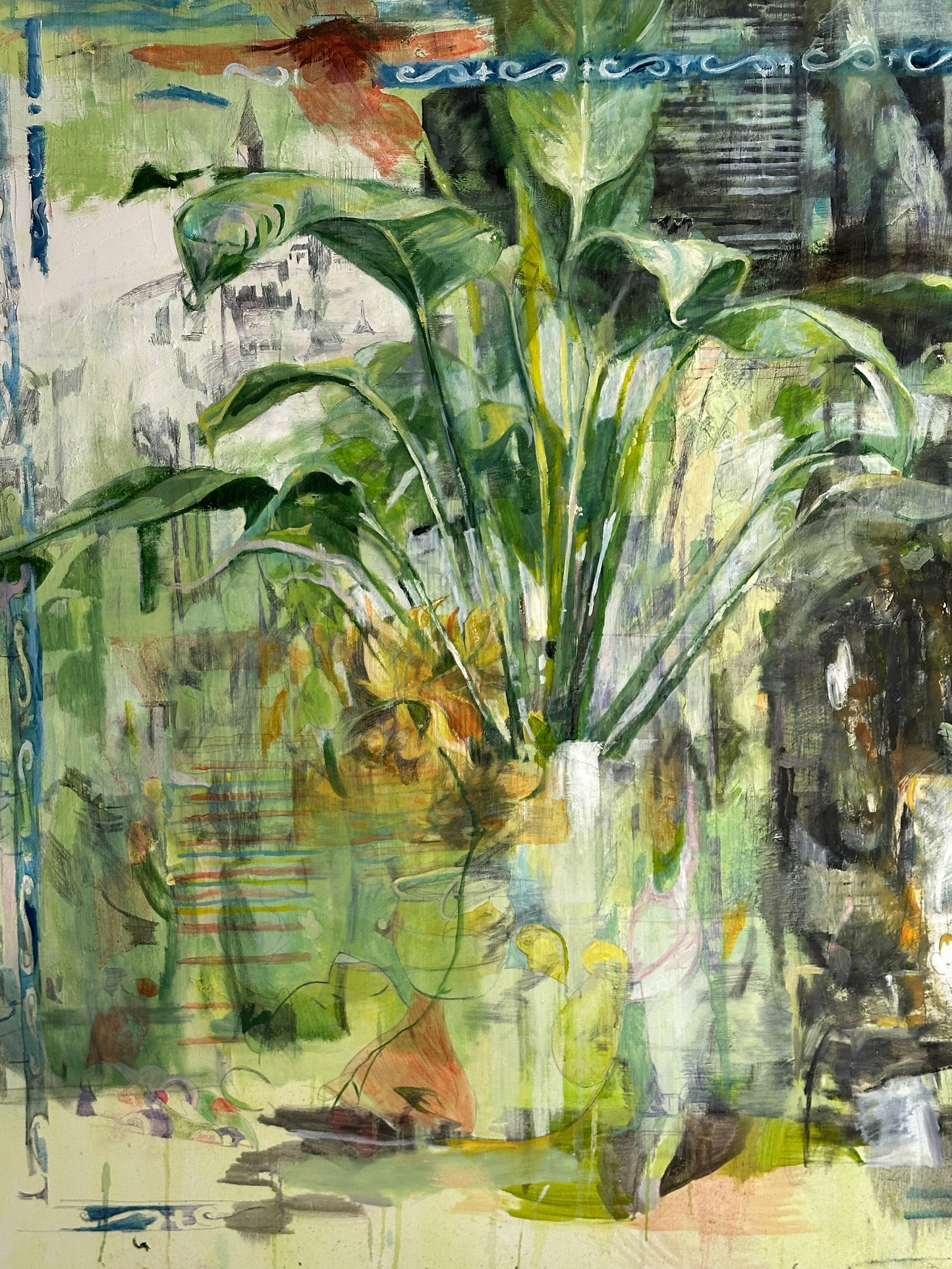 Abstract painting of a plant with green leaves and a white vase.