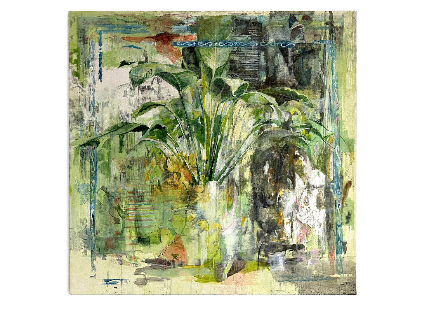 Abstract painting with green foliage and abstract shapes on a white background