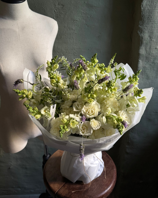 Bouquet mixed flower field style with lavander & spray roses gift wrapped
