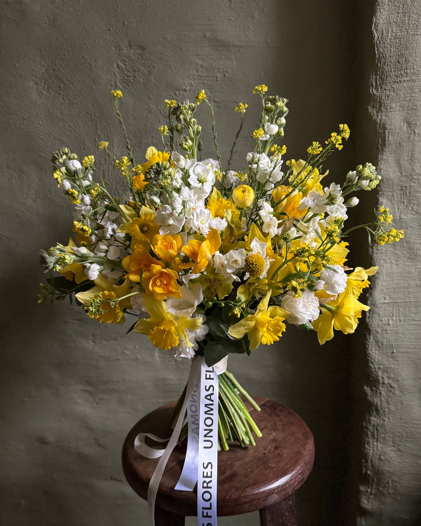 White & yellow field style hand-tied bouquet