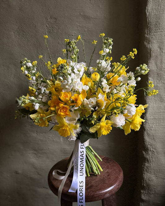 White & yellow field style hand-tied bouquet