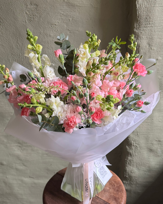 Bouquet mixed flower light pink & white with antirrhinums & bush carnations gift wrapped