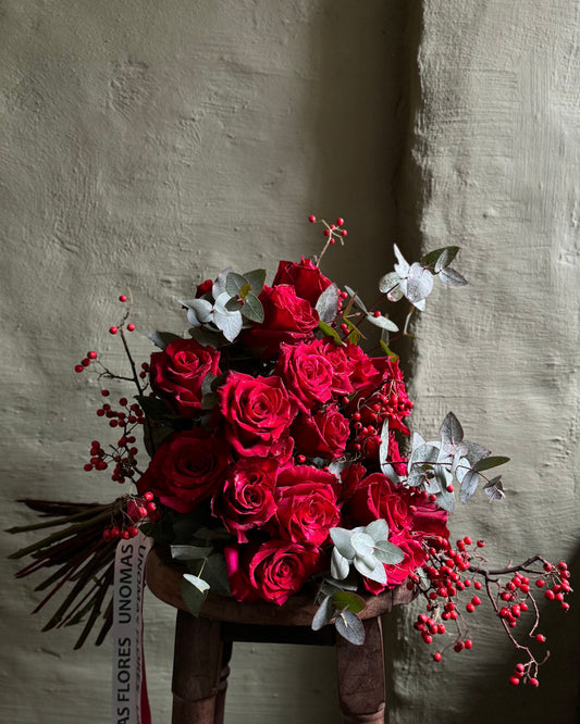 Hand-tied bouquet with Ecuadorean roses & eucalyptus