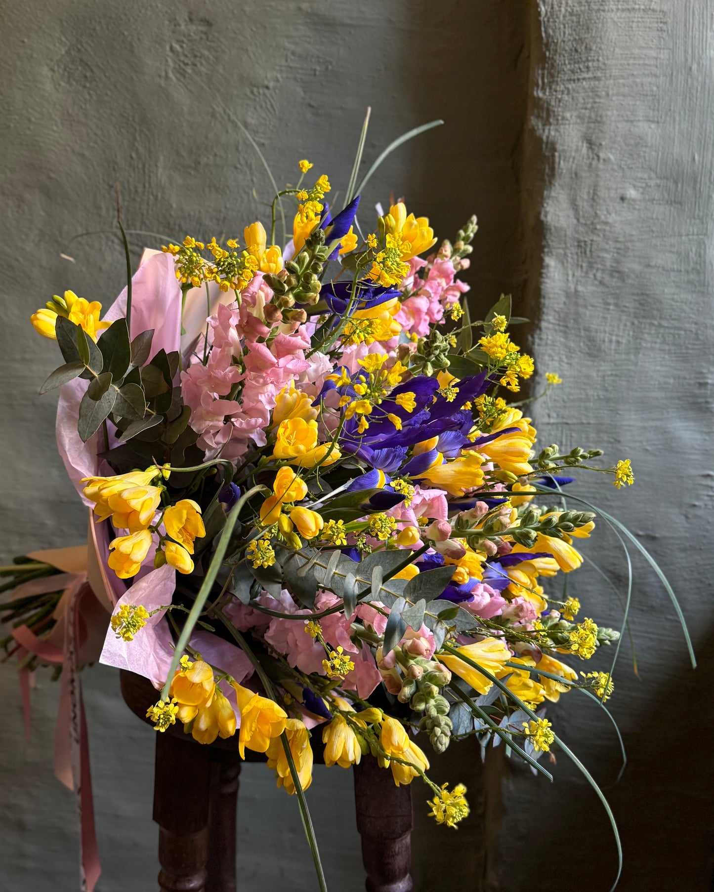 Bouquet mixed flower summer with freesias gift wrapped