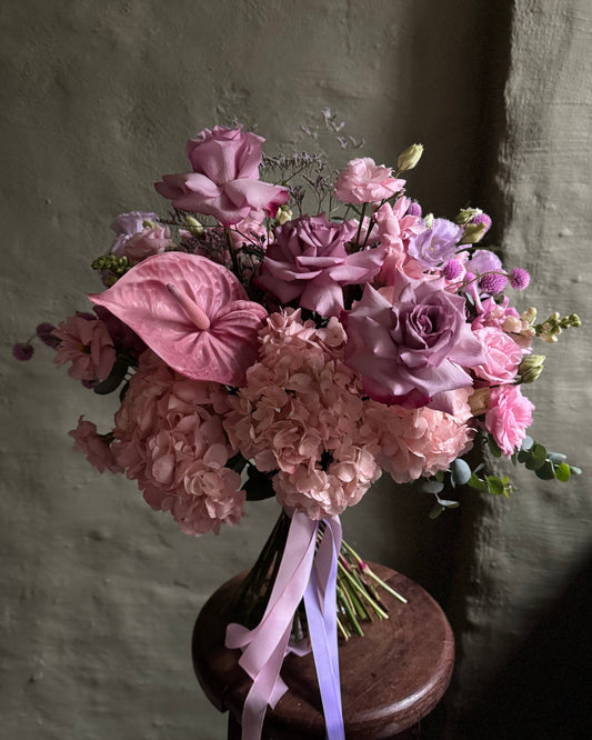Pastel pink mixed flower hand-tied bouquet with anthurium