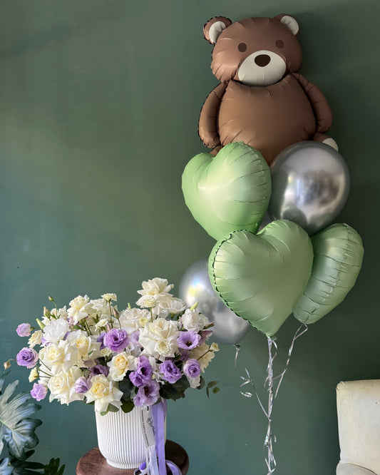 Foil & latext balloon set of 7 pieces with teddy bear & green hearts with helium