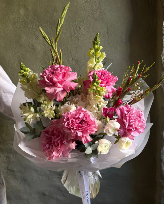 Bouquet mixed flower gentle bright pink & white with roses & gladioli