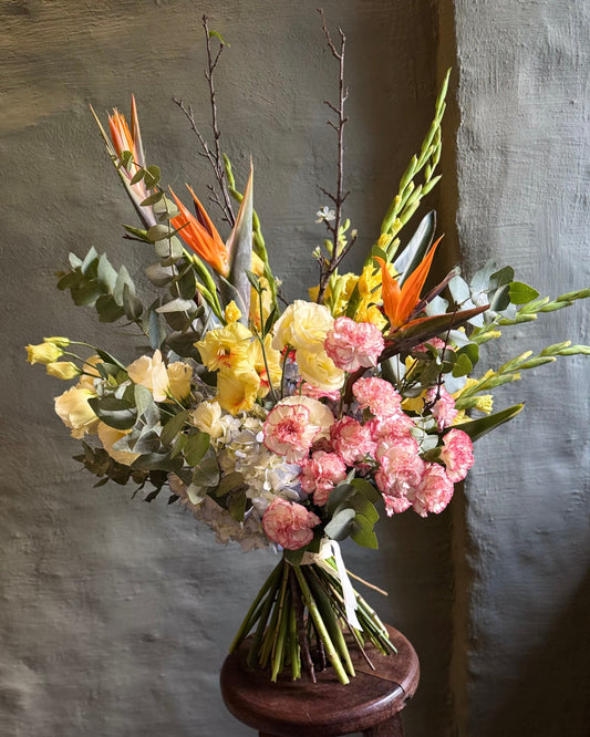 Big bright interior bouquet with strelitzias