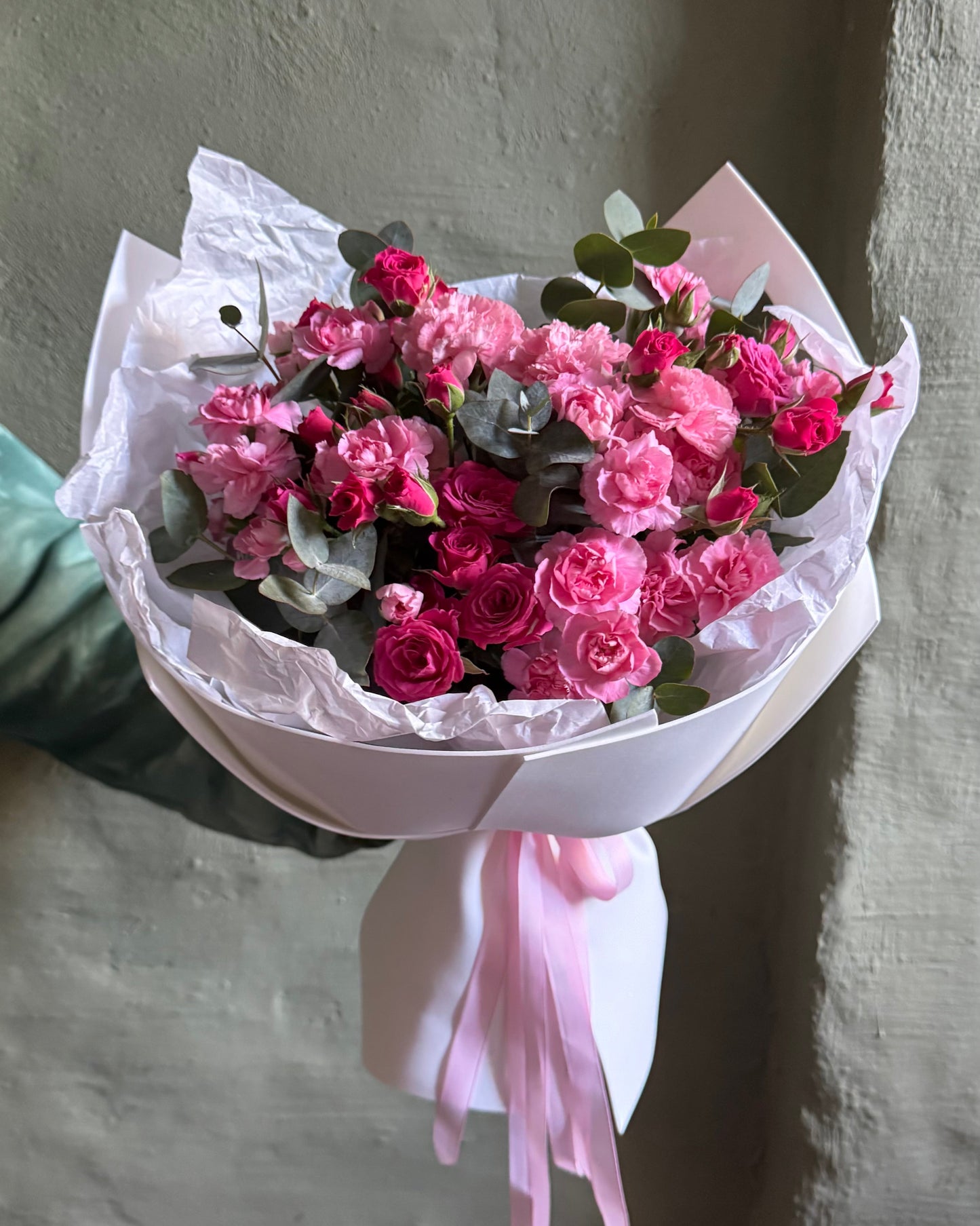 Compliment bouquet with spray roses & carnations gift wrapped