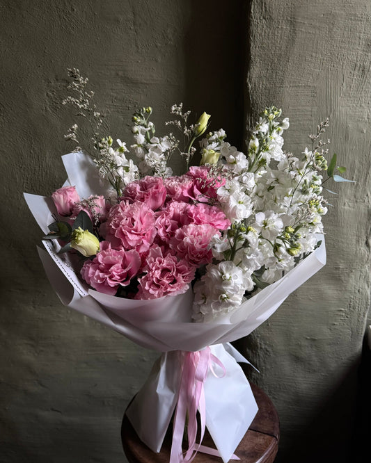 Bouquet mixed flower romantic pink & white with lisianthus & matthiolas gift wrapped