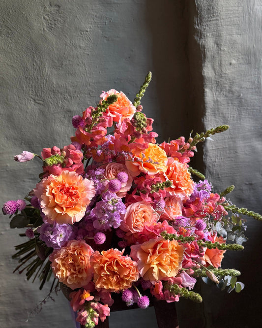 Bouquet mixed flower bright orange & pink with Ecuador roses & matthiolla gift wrapped