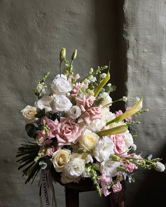 Hand-tied delicate mixed flower bouquet with calla lilies & roses Ecuador