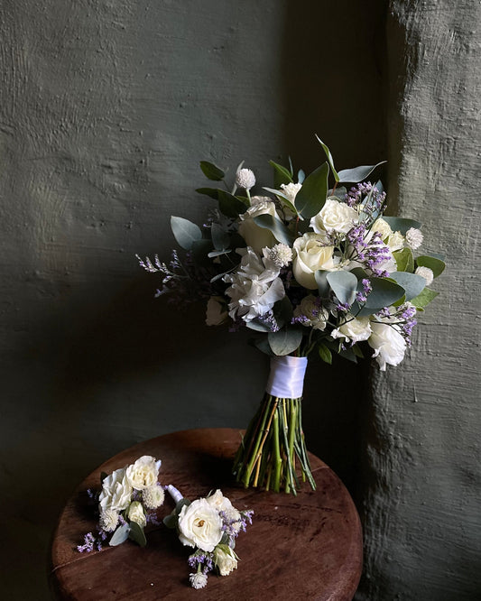 Bridal white & green bouquet with roses & eucalyptus