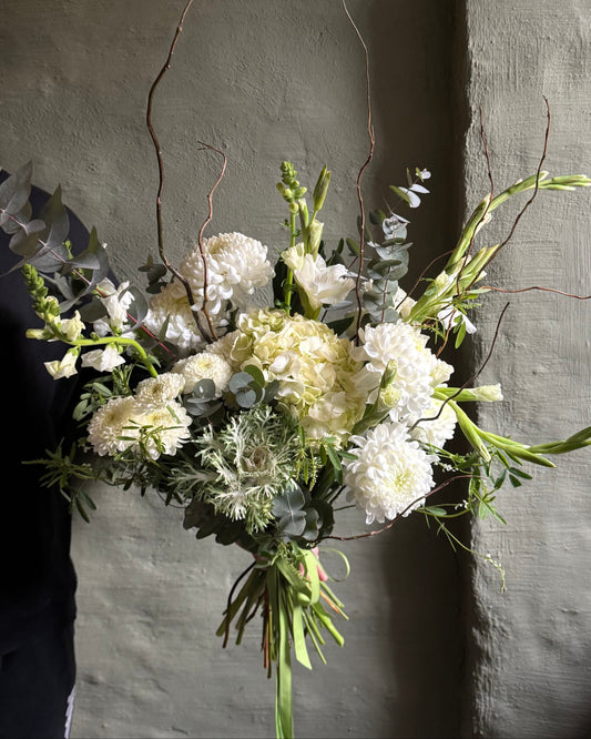 Hand-tied white & green bouquet with brassica & hydrangea