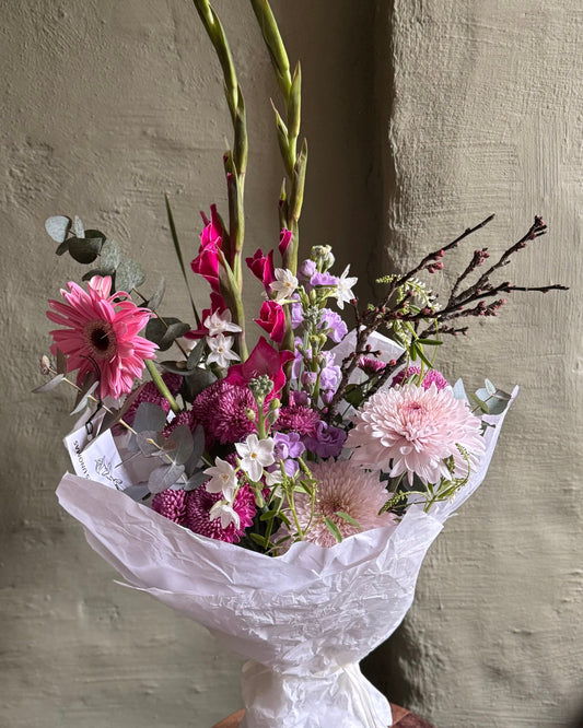 32*40 cm Interior bouquet with pink and purple flowers, galdioli, gerbera, chrysanthemums, sakura, matthiola.