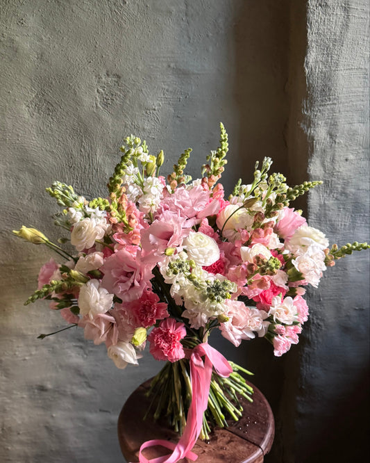 Hand-tied pink & white gentle bouquet with ranunculus