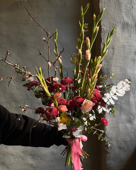 Hand-tied mixed flower bouquet with sakura & gladioli