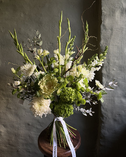Mixed Flower Bouquet: green hydrangeas & white seasonal flowers hand-tied