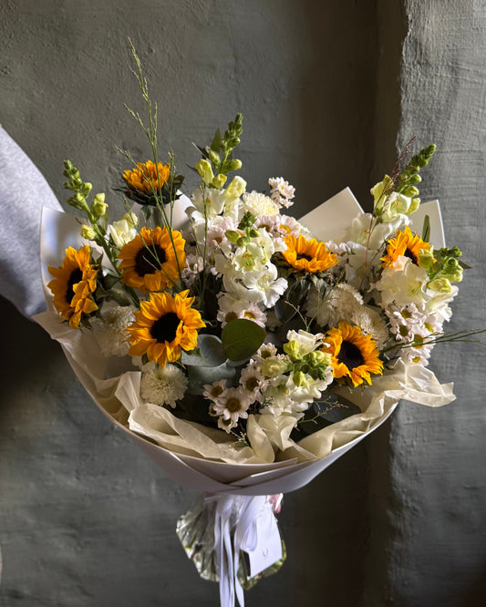 Bouquet mixed flower summer gentle with sunflowers gift wrapped