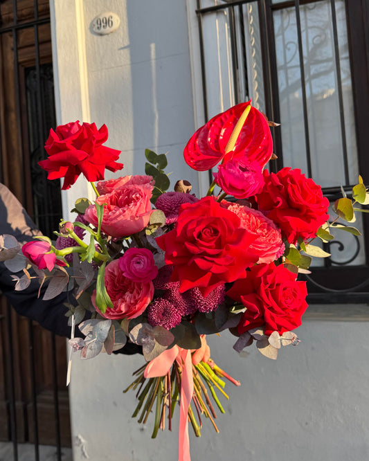 Hand-tied bright red & pink bouquet with anthurium