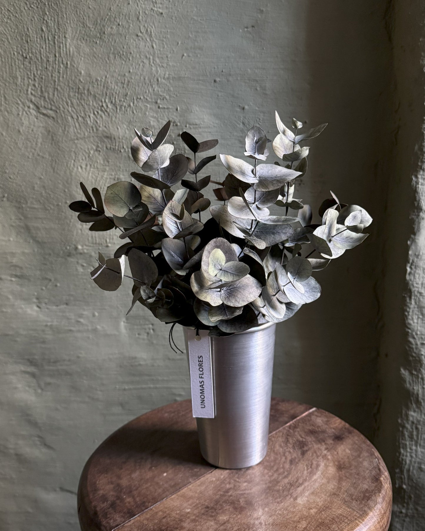 Stabilized eucalyptus in an aluminum vase for home decor