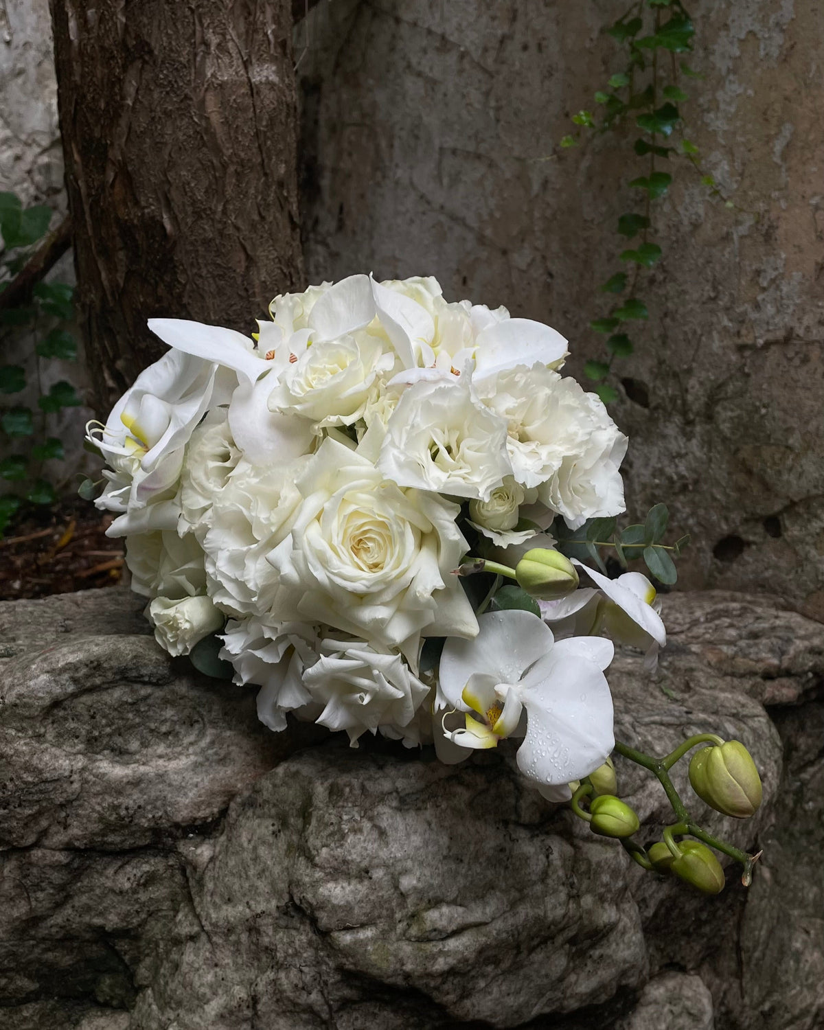Ramo de novia blanco con orquídea y rosas ecuatorianas