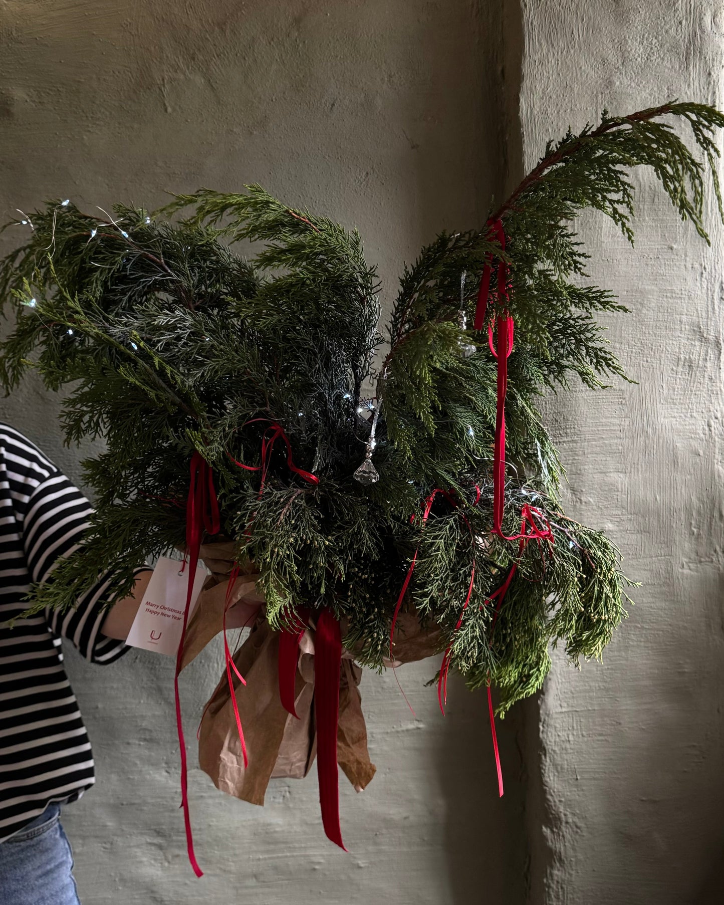 Person holding a large green wreath with red ribbons against a textured wall.