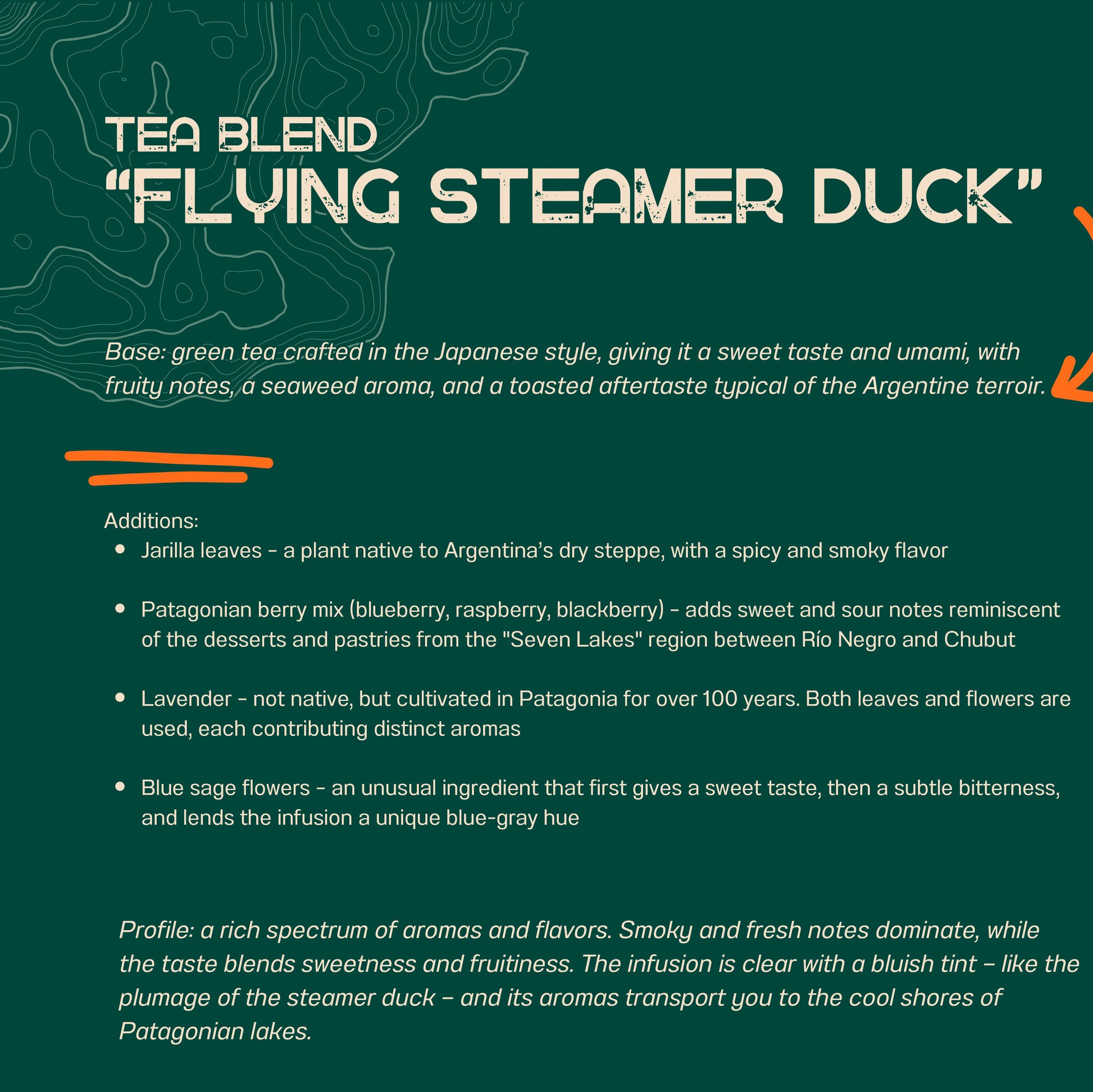 Tea blend 'Flying Steamer Duck' description on a green background