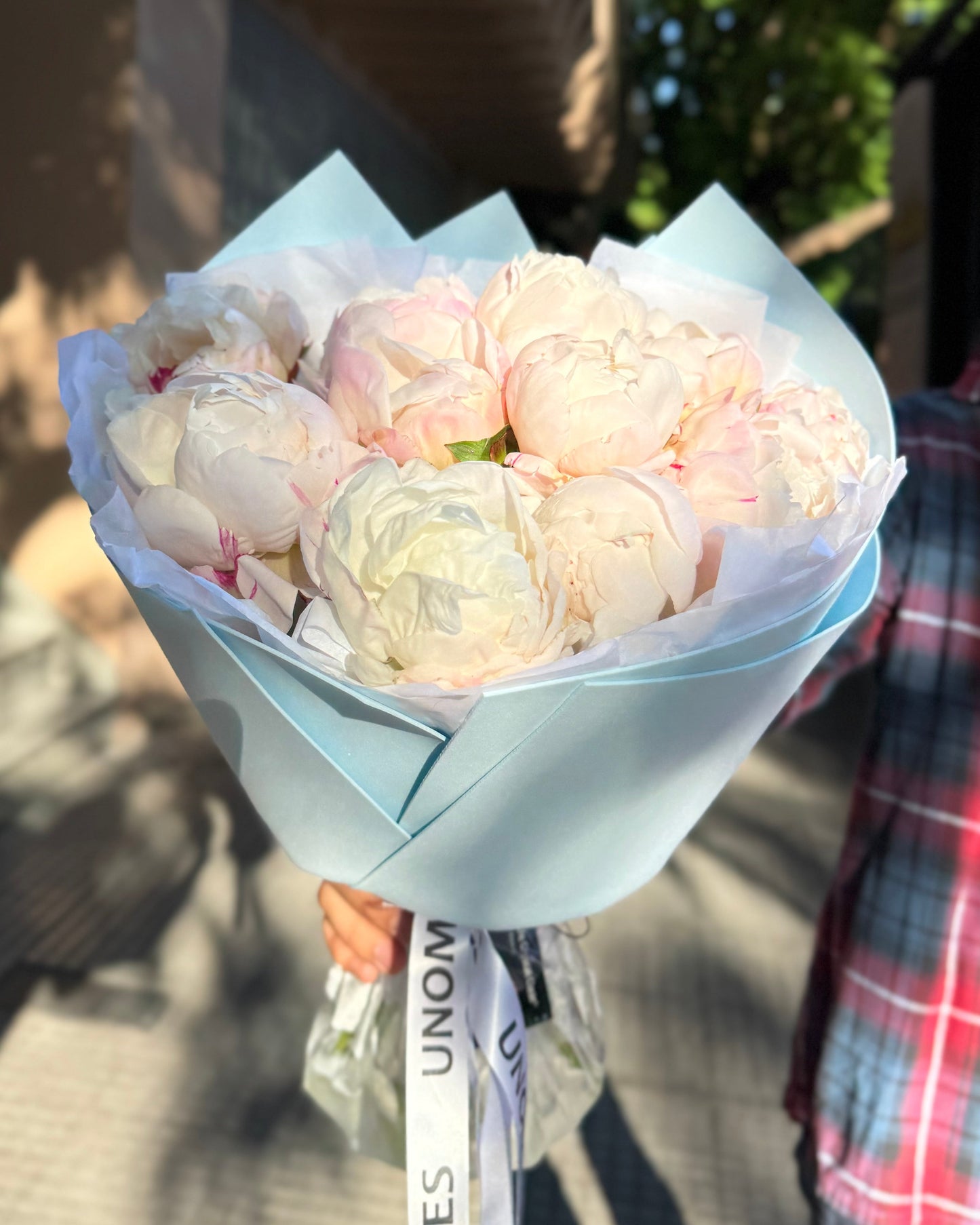 Bouquet of light pink flowers wrapped in white paper held by a person outdoors.
