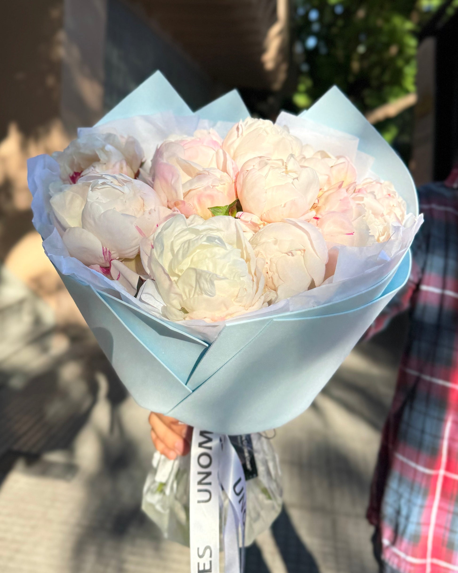 Bouquet of light pink flowers wrapped in white paper held by a person outdoors.