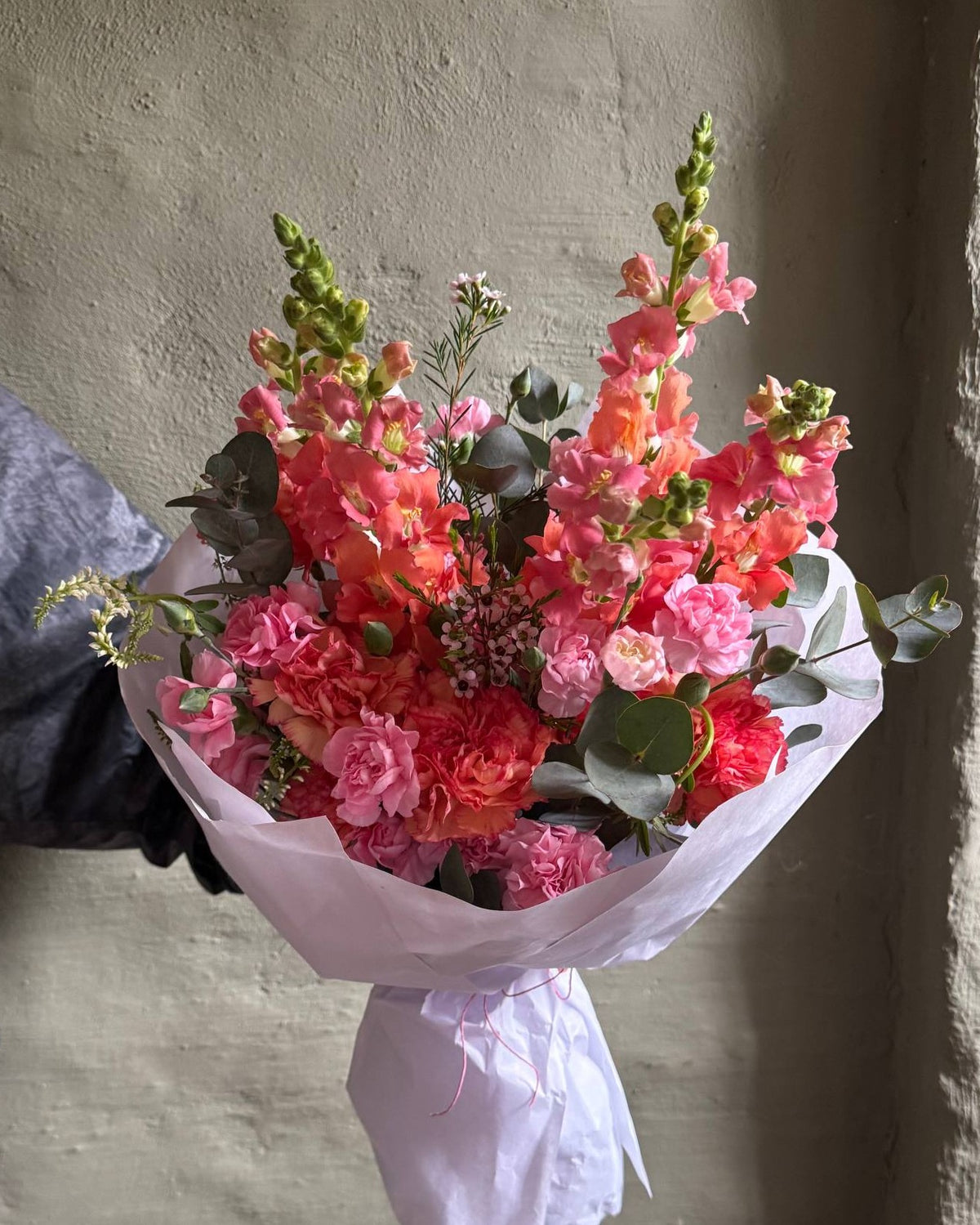 Ramo de claveles y conejitos en tonos rosa intenso y coral con eucalipto, envuelto en papel lila.