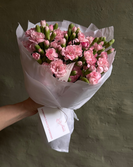Bouquet of pink flowers wrapped in white paper held by a hand against a dark background
