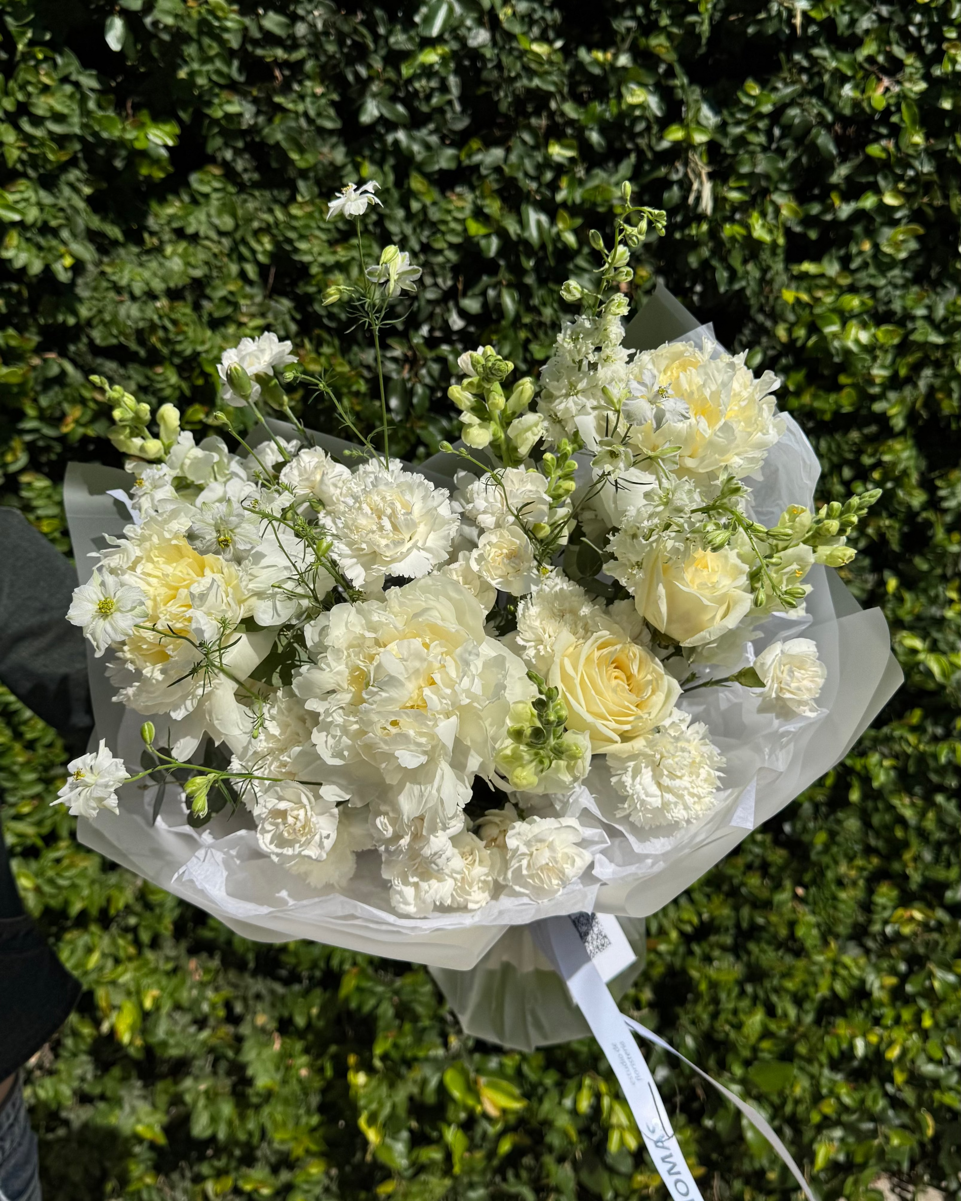 Bouquet of white and yellow flowers peonies held against a green hedge.